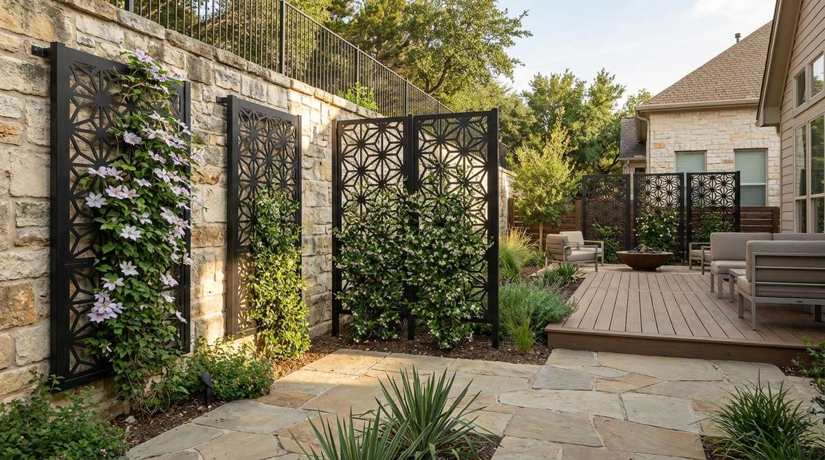 A modern outdoor decor image featuring metal trellis panels made from laser-cut steel or aluminum. These decorative screens support climbing plants with geometric patterns, from simple grids to complex tessellations, and can be mounted against walls for vertical gardens or used as freestanding dividers. Available in powder-coated finishes like black, bronze, or white for corrosion resistance and visual appeal.