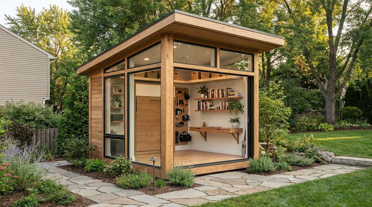 A contemporary garden shed office measuring 8x8 feet with wall-mounted desk, floating shelves, and vertical storage solutions. Features Murphy-style fold-down desk and overhead loft platforms for space optimization in a compact 64-square-foot footprint.