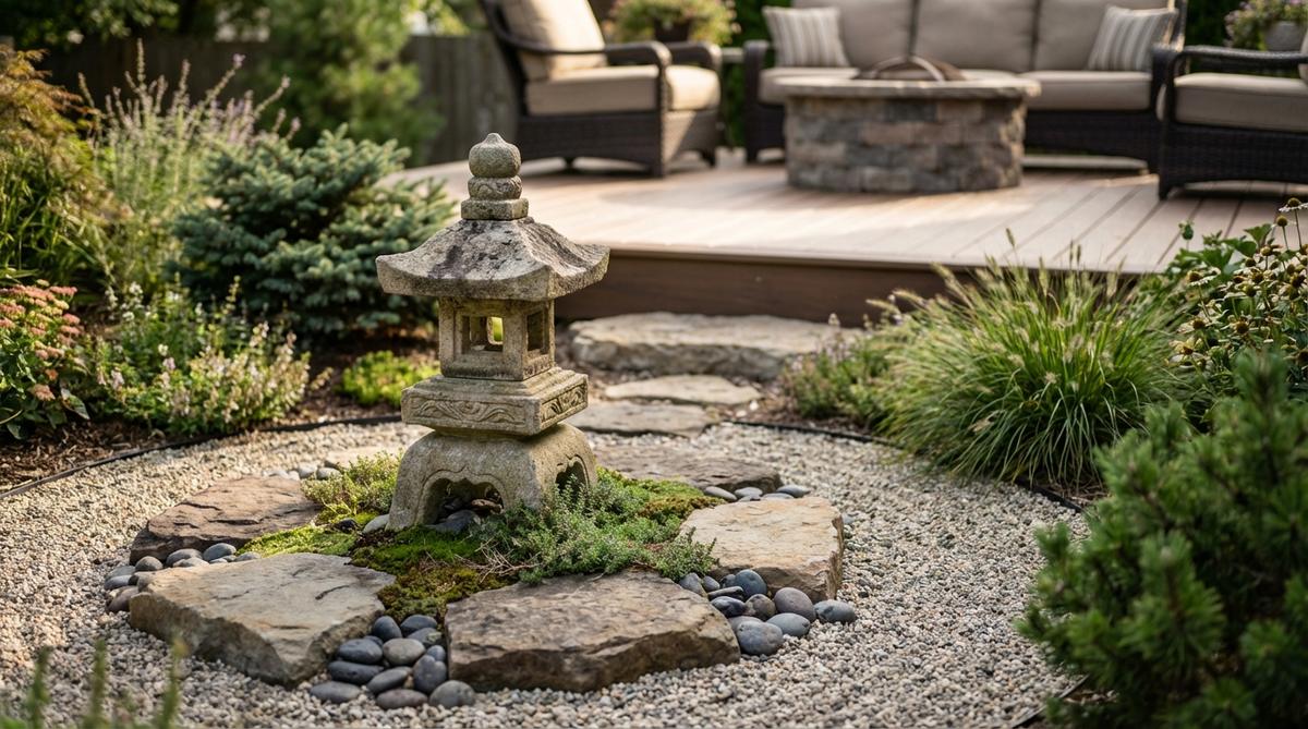 A tabletop-scale stone pagoda, 12-18 inches tall, suitable for smaller zen gardens and meditation spaces. The miniature pagoda maintains proper proportional relationships while fitting confined areas, often grouped on flat stones or incorporated into rock garden arrangements for layered vertical interest. Its reduced scale invites close inspection of carved details, and lightweight construction allows for seasonal repositioning to refresh garden compositions.