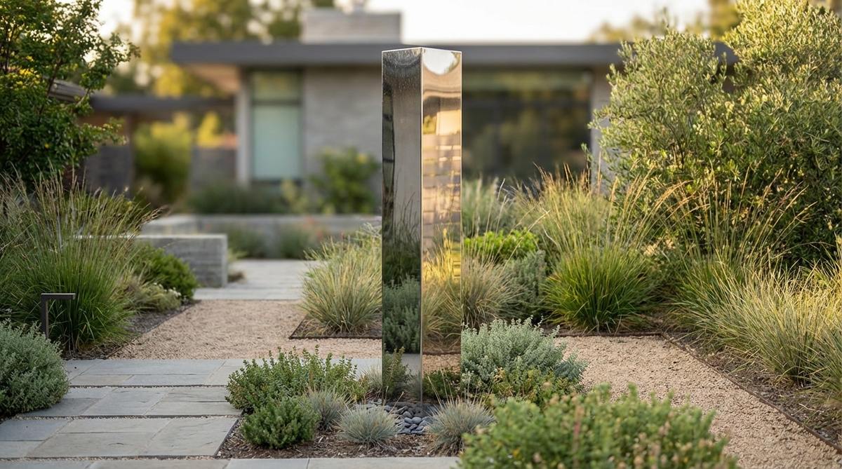 A tall slender rectangular monolith sculpture in a contemporary garden setting, showcasing vertical emphasis through minimalist design. The sculpture serves as a contemplative focal point that anchors surrounding spaces, with material options including polished black granite for timeless elegance, weathered steel for industrial warmth, or polished stainless steel that reflects the environment.