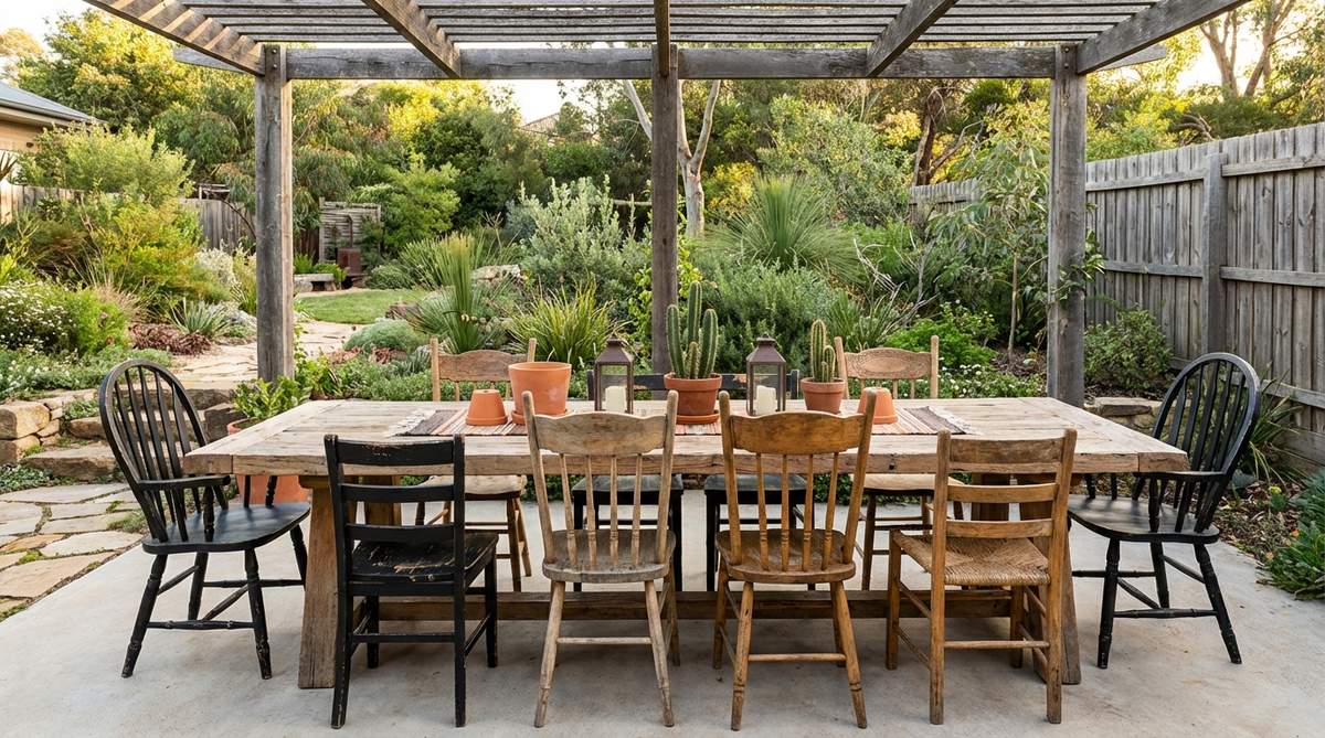 An eclectic collection of mismatched wooden chairs arranged around a rustic dining table, showcasing western boho decor style. The chairs feature various designs and finishes, some painted matte black while others retain their natural wood grain with clear wax protection. This curated seating arrangement adds personality and history to dining spaces, embodying boho's celebration of individuality and collected aesthetics.