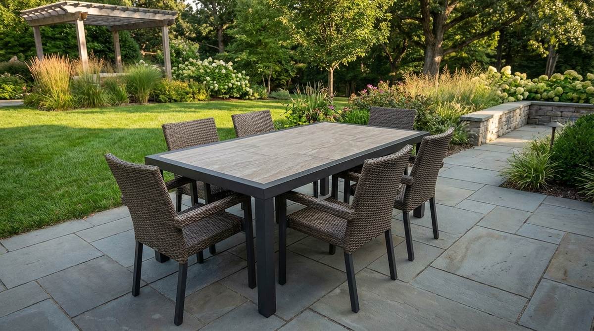 A modern garden furniture set featuring a ceramic tile table that resists heat, scratches, and weather damage, with an aluminum frame for manageable weight. Matching chairs have synthetic wicker seats and aluminum legs, designed for comfort with back height supporting shoulder blades during upright dining. The ceramic surface wipes clean easily without absorbing stains, and its neutral stone pattern complements various outdoor styles.