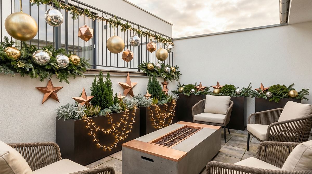 A contemporary Christmas balcony decorated with gold, silver, and copper metallic elements against a white backdrop. Features brushed gold and polished silver ornaments, champagne-colored lights, and geometric shapes like hexagonal ornaments and metallic stars for a sophisticated holiday display.