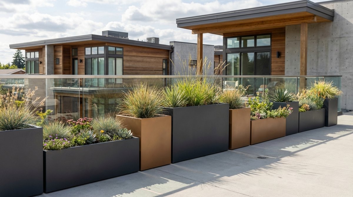Clean-lined modern minimalist troughs with smooth surfaces in neutral colors like charcoal, white, or bronze. Made from powder-coated aluminum or fiberglass for lightweight weather-resistant construction, these contemporary balcony garden boxes complement modern architecture and focus attention on plant selection.