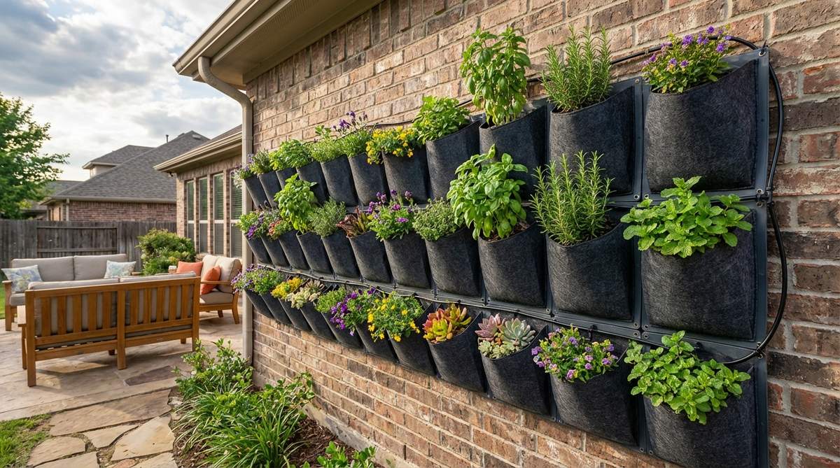 A vertical garden featuring modular wall-mounted pocket systems made of weather-resistant felt or rigid plastic, each pocket measuring 8-12 inches square and holding individual plants like herbs, succulents, or small perennials. The system includes integrated irrigation for automated watering, transforming blank outdoor walls into productive growing spaces with customizable patterns and seasonal plant rotation.
