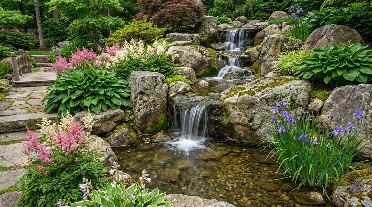 A naturalistic waterfall design in a Japanese garden, featuring stacked large boulders that create multiple drop points to mimic alpine water flow. Water tumbles over irregular stone faces, producing varied splash patterns and ambient sound, surrounded by moisture-loving plants like hostas, astilbes, and Japanese iris to complete the mountain stream illusion.