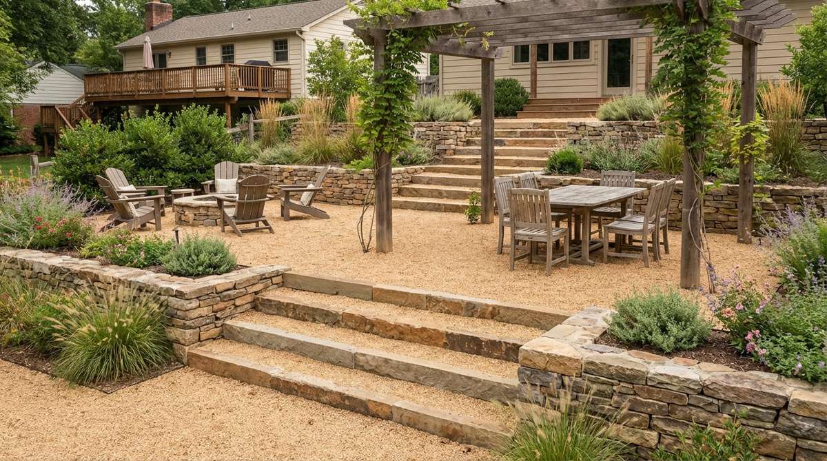 A stepped garden design featuring multiple terraced levels connected by shallow stairs, each surfaced with pea gravel flooring that creates visual unity across different elevations. The photo shows how this design economically accommodates sloped lots while providing distinct functional areas like dining and lounging spaces.