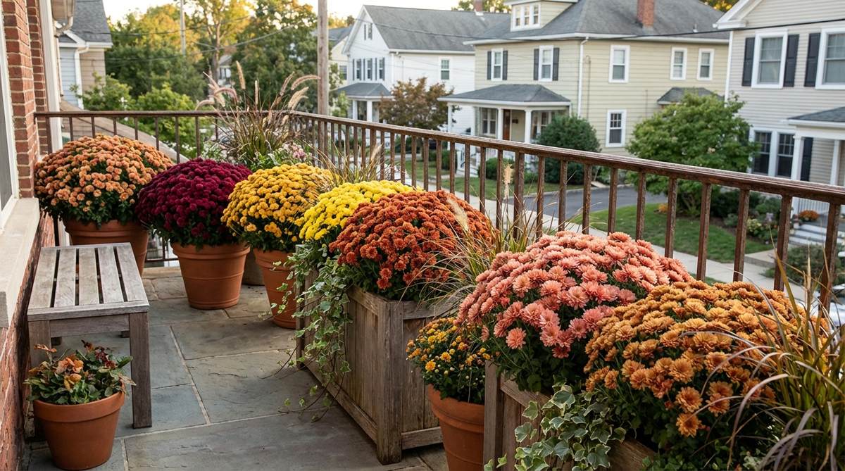 A vibrant balcony display featuring potted chrysanthemums in autumn colors like burgundy, gold, rust, coral, and bronze arranged in graduated color blocks along railings. This living fall decoration provides horticultural value and can be transplanted after the season.
