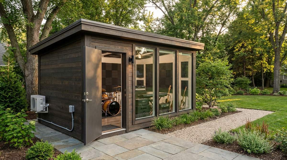 A modern garden shed converted into a music practice studio, featuring sound-dampening insulation, acoustic panels, solid-core door, ventilation, electrical wiring for equipment, and climate control to protect instruments.