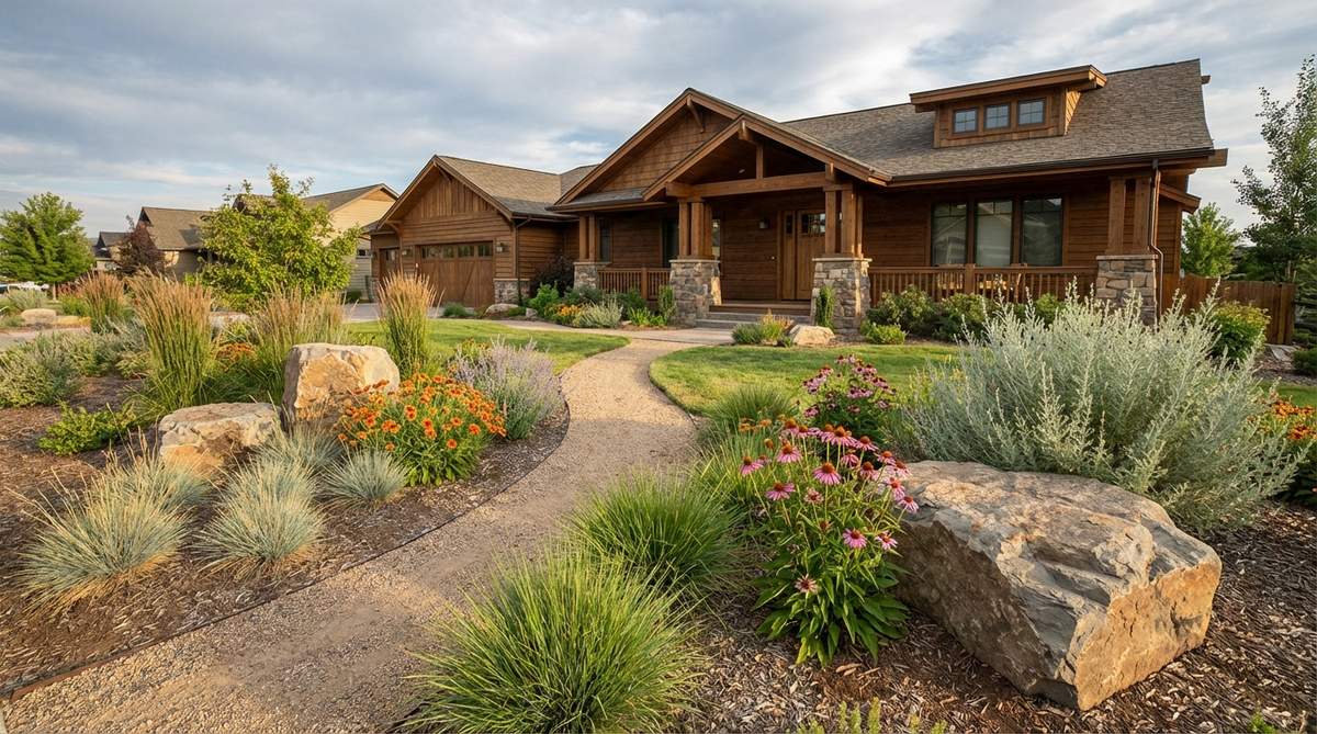 A naturalistic front yard garden featuring a native dryland meadow with drought-adapted grasses and perennials like blue grama, buffalo grass, and blanket flower, designed to require minimal water and support pollinators.
