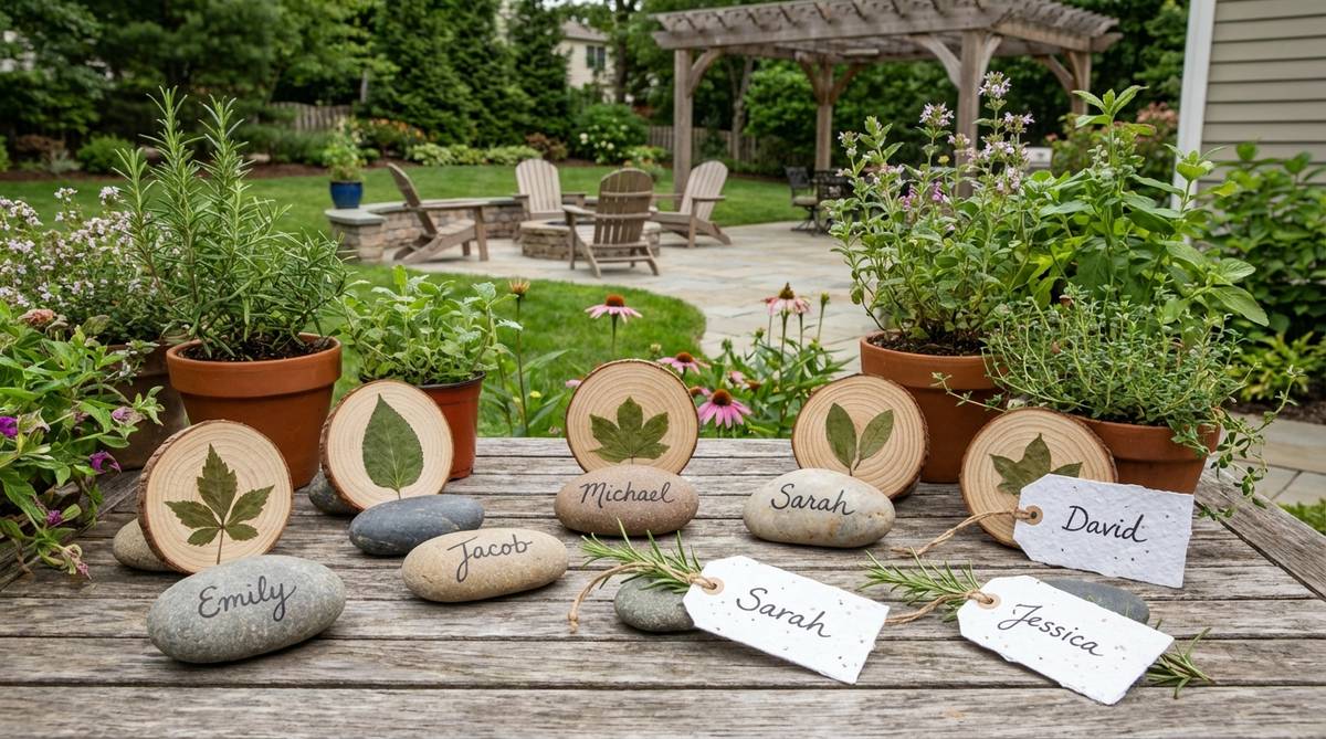 A rustic arrangement of natural place cards for a boho-themed birthday party, featuring guest names handwritten on smooth river stones, pressed leaves, wood slices, and seed paper tags tied to rosemary sprigs. These eco-friendly seating markers double as sustainable party favors that guests can plant or compost after the celebration.