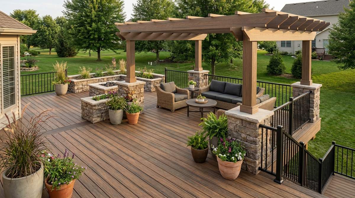 A stylish outdoor deck design featuring wood-look composite decking combined with stone accent walls, steel railings, and wicker furniture. The composition demonstrates how mixing 3-4 natural materials creates textural richness while maintaining design cohesion through repeated elements like matching deck boards and pergola beams. Perfect for eclectic outdoor spaces seeking visual interest beyond single-material installations.