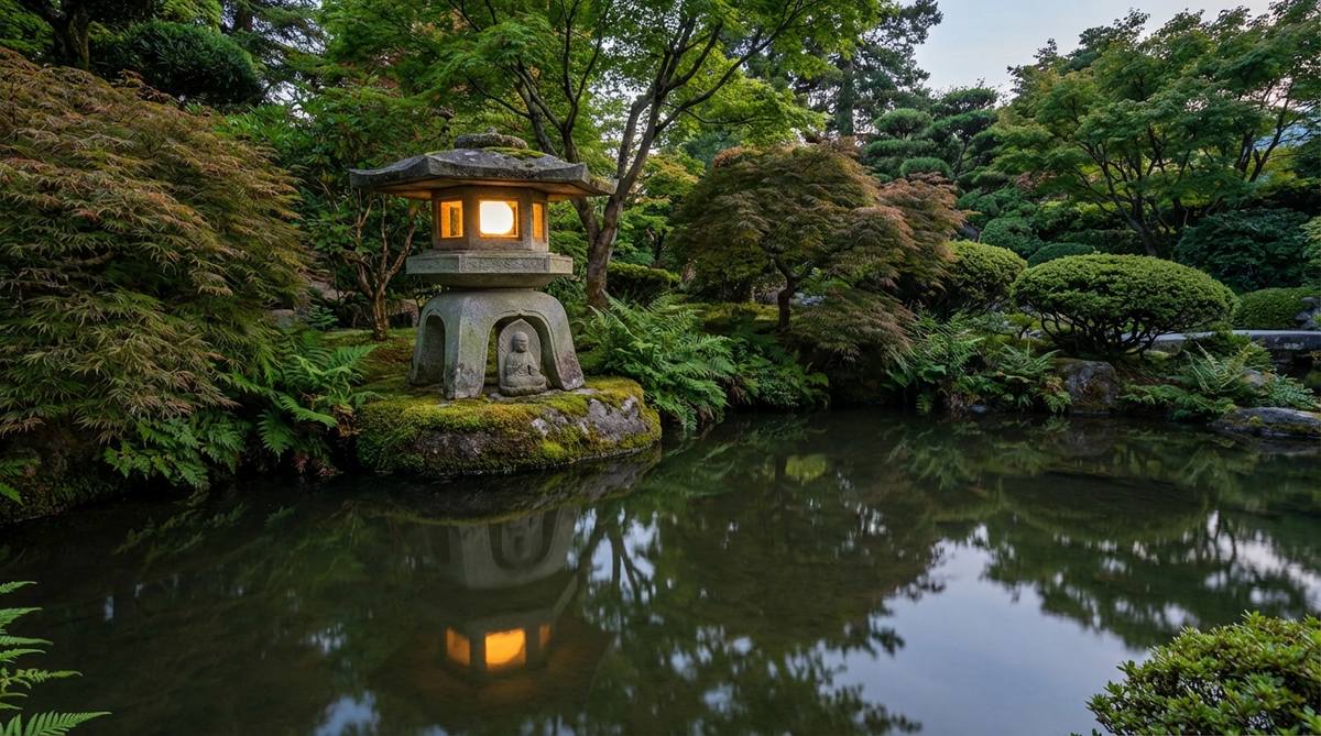 A traditional Oribe-style stone lantern positioned beside a serene pond in a Japanese garden, featuring a carved Buddha figure and asymmetric form. The lantern is set on a stable stone base slightly elevated above the water, with its carved window oriented towards the primary viewing area. Lit at dusk, its warm glow reflects on the water surface, symbolizing inner wisdom and guiding light through darkness, enhancing the garden's tranquil and spiritual ambiance.