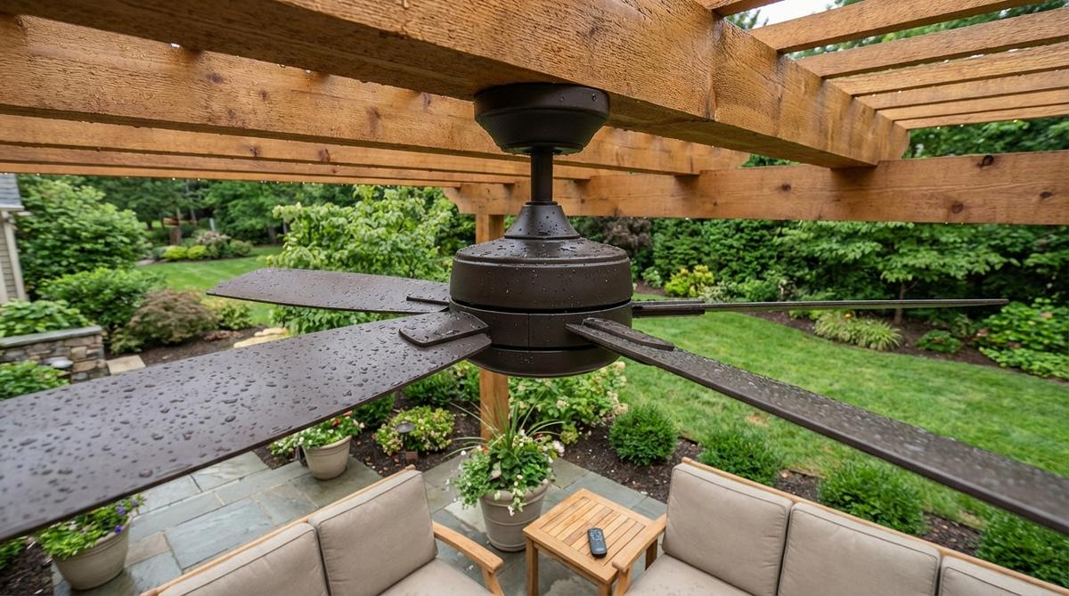 A wet-rated outdoor ceiling fan mounted to pergola joists, featuring sealed motors and rust-proof finishes for durability. Installed with proper clearance and remote control for seasonal comfort.