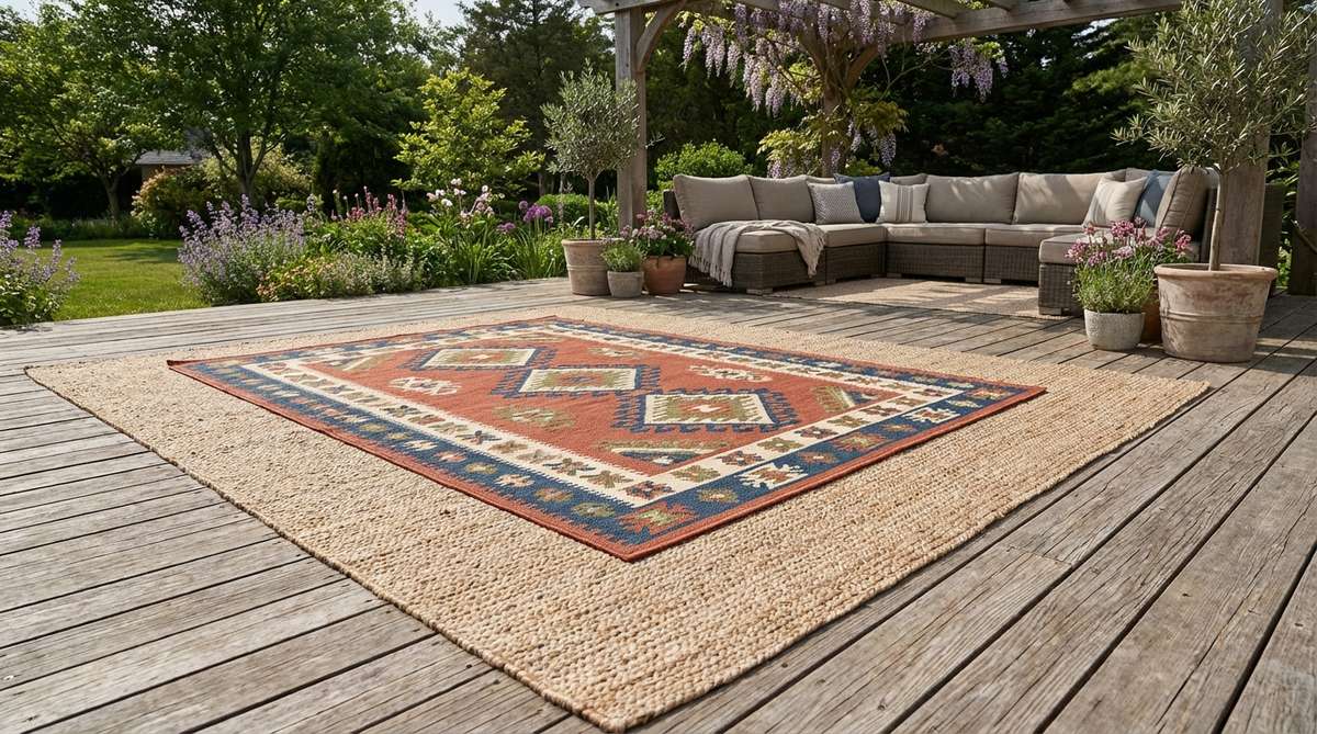 A vibrant boho-style outdoor rug layering system featuring a large neutral jute-look base rug with a smaller geometric or tribal-print rug on top, both made from weather-resistant materials like polypropylene or recycled plastic with drainage holes, arranged on a patio or deck to define seating zones and add pattern underfoot.