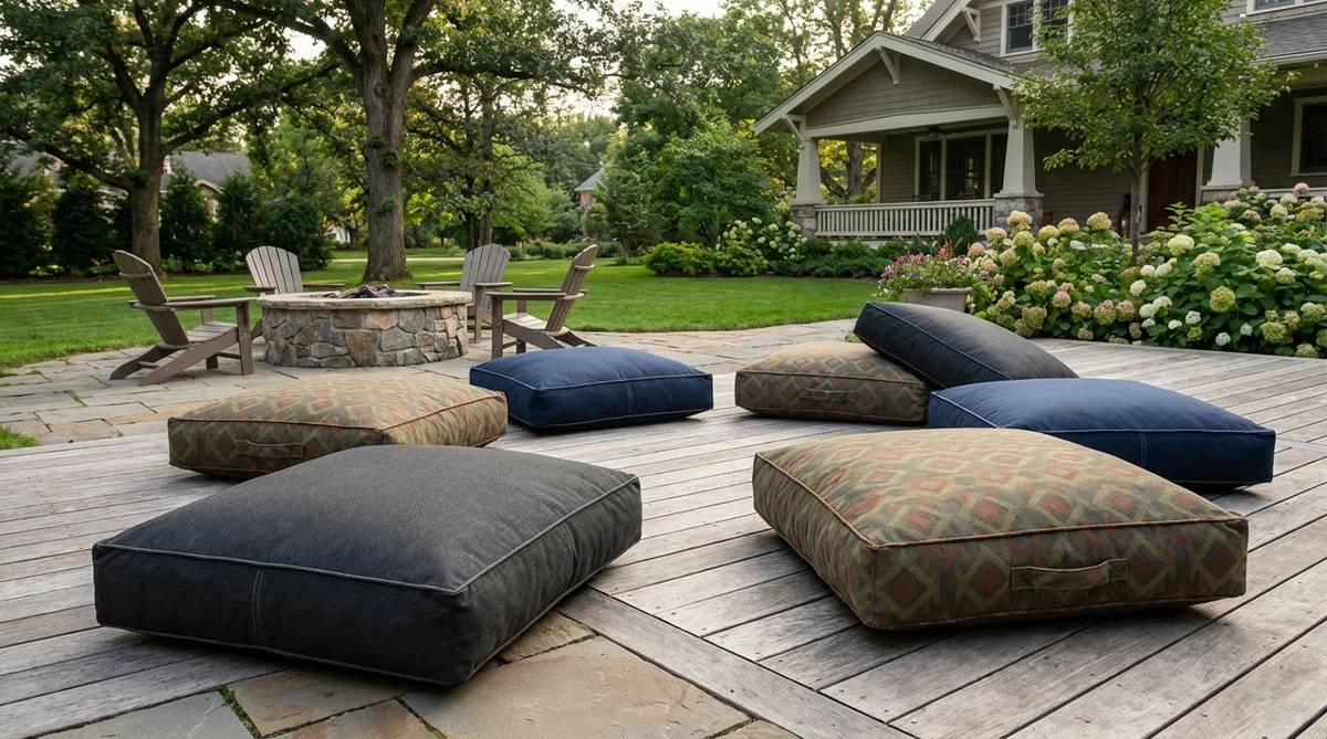 Extra-large 24-inch square floor cushions designed for outdoor use on decks and patios. These portable floor seating options feature quick-drying foam fills and come in darker colors or busy patterns to withstand high use during casual gatherings.