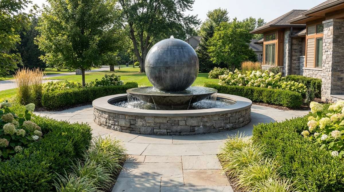 A large contemporary garden fountain featuring an oversized statement sphere exceeding 50 inches in diameter, creating a commanding presence that dominates the landscape. This sphere serves as a primary design feature with a substantial basin and robust pump system for proper water flow, positioned as a terminus feature at a pathway end or central element in a circular courtyard to maximize its reflection capacity and visual impact in spacious gardens or commercial landscapes.