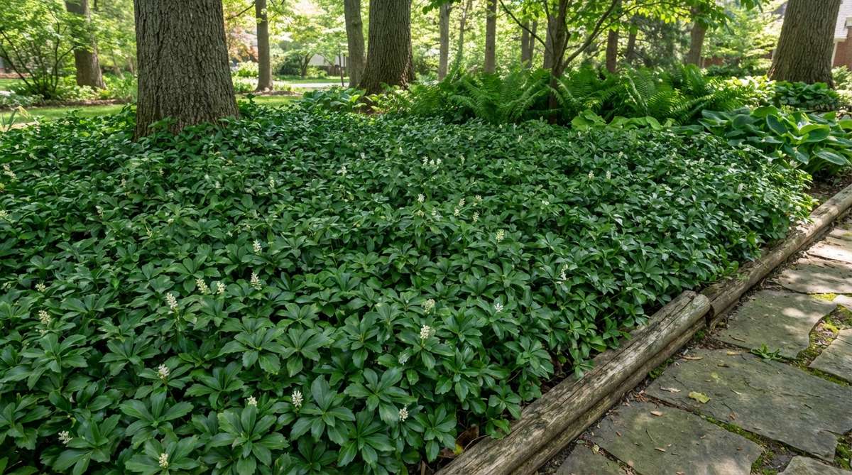 A dense colony of Pachysandra terminalis (Japanese spurge) with dark green glossy foliage forming a lush carpet in a shaded garden area. This evergreen groundcover suppresses weeds with its spreading stolons and produces small white flowers in spring.