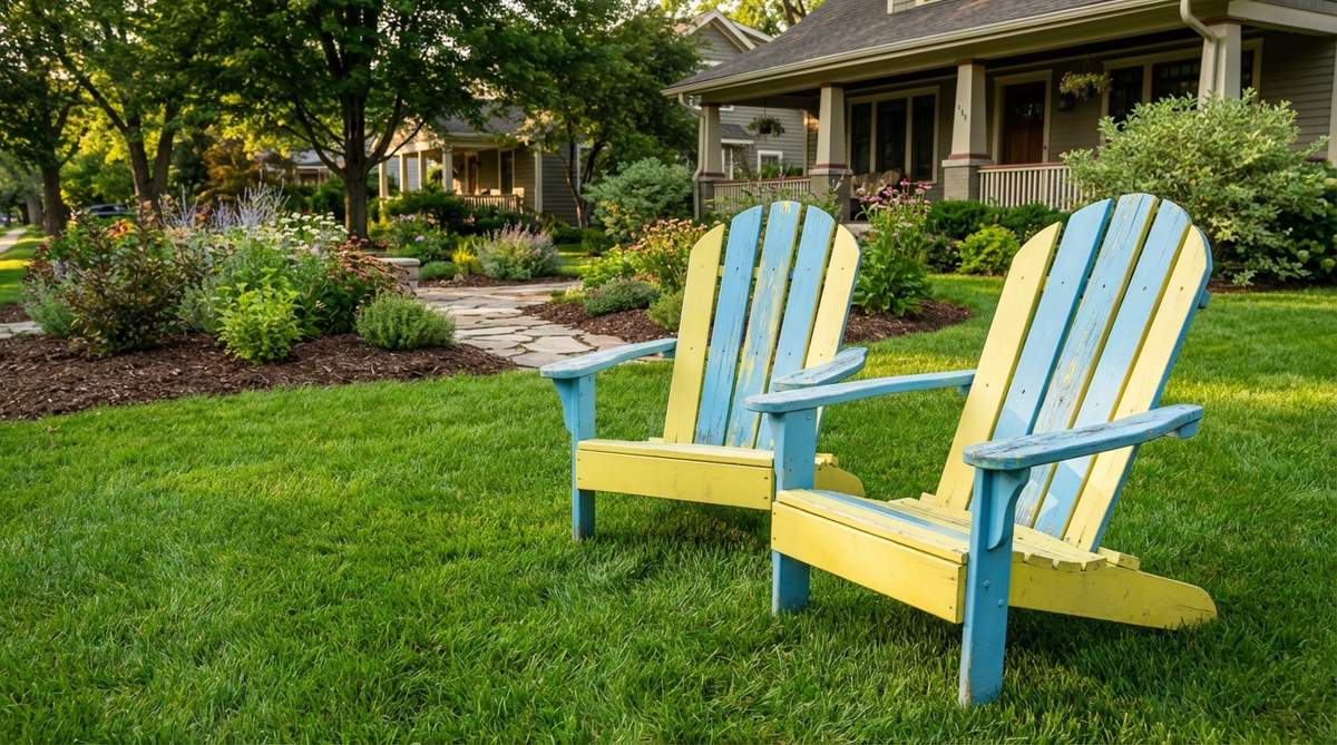 Classic Adirondack chairs painted in vibrant lemon yellow and sky blue colors, creating a high-contrast focal point against a green lawn. The chairs are positioned at conversational angles to encourage social interaction, with detailed painting techniques visible on the wooden slats.