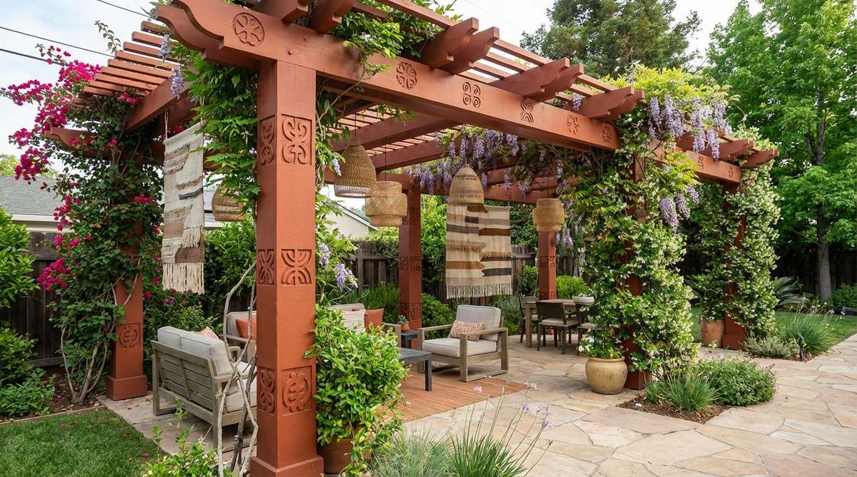 A painted pergola structure in earth tones like rust or terracotta, featuring carved wood details and Adinkra symbols, with climbing plants and woven pendants for an Afro Boho decor style.