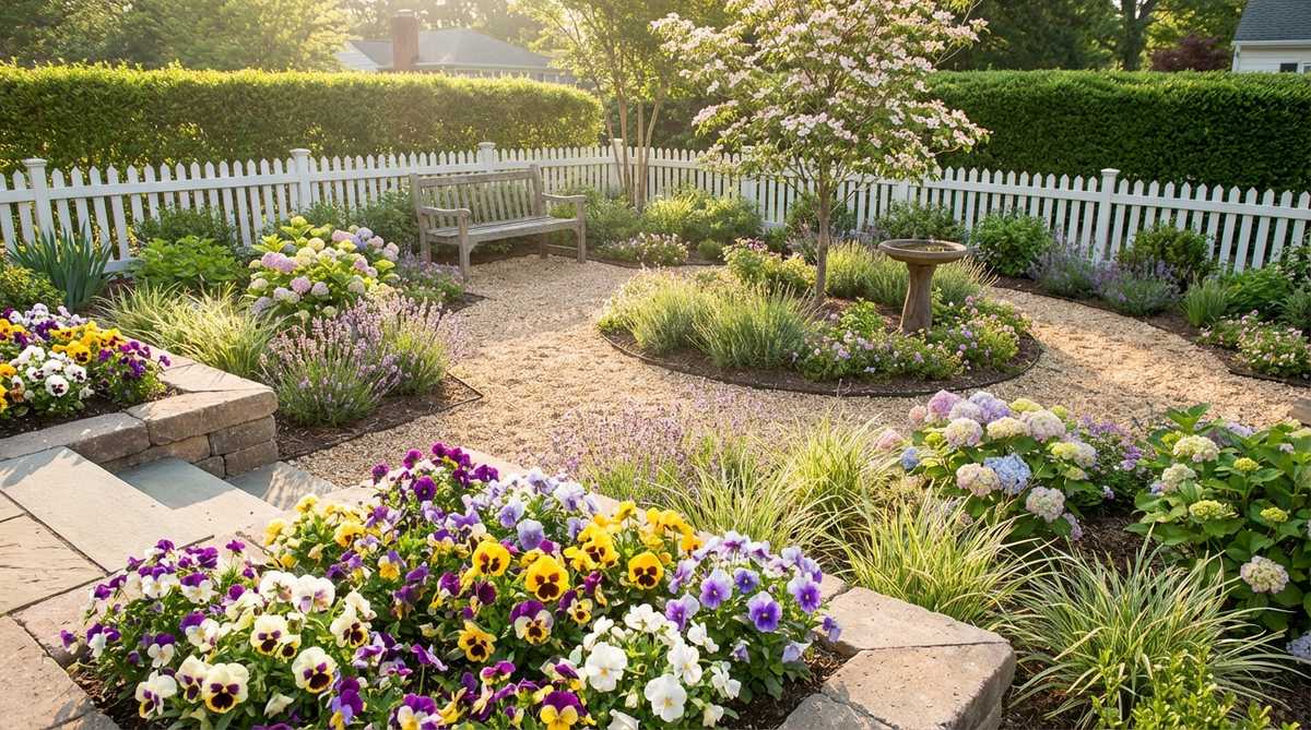 A vibrant pansy flower showcasing its colorful face in a small garden setting, illustrating its role as a cool-season annual that blooms in various color combinations.