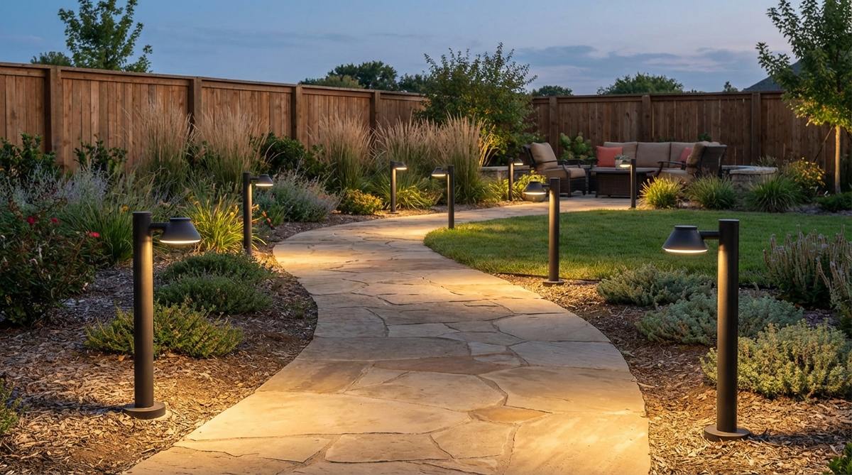 A garden path illuminated by short bollard lights with downward-facing luminaires, spaced at regular intervals to mark walking routes without causing light pollution. The bollards stand 18-24 inches tall with integrated LED lighting that provides long-lasting illumination for residential garden paths.