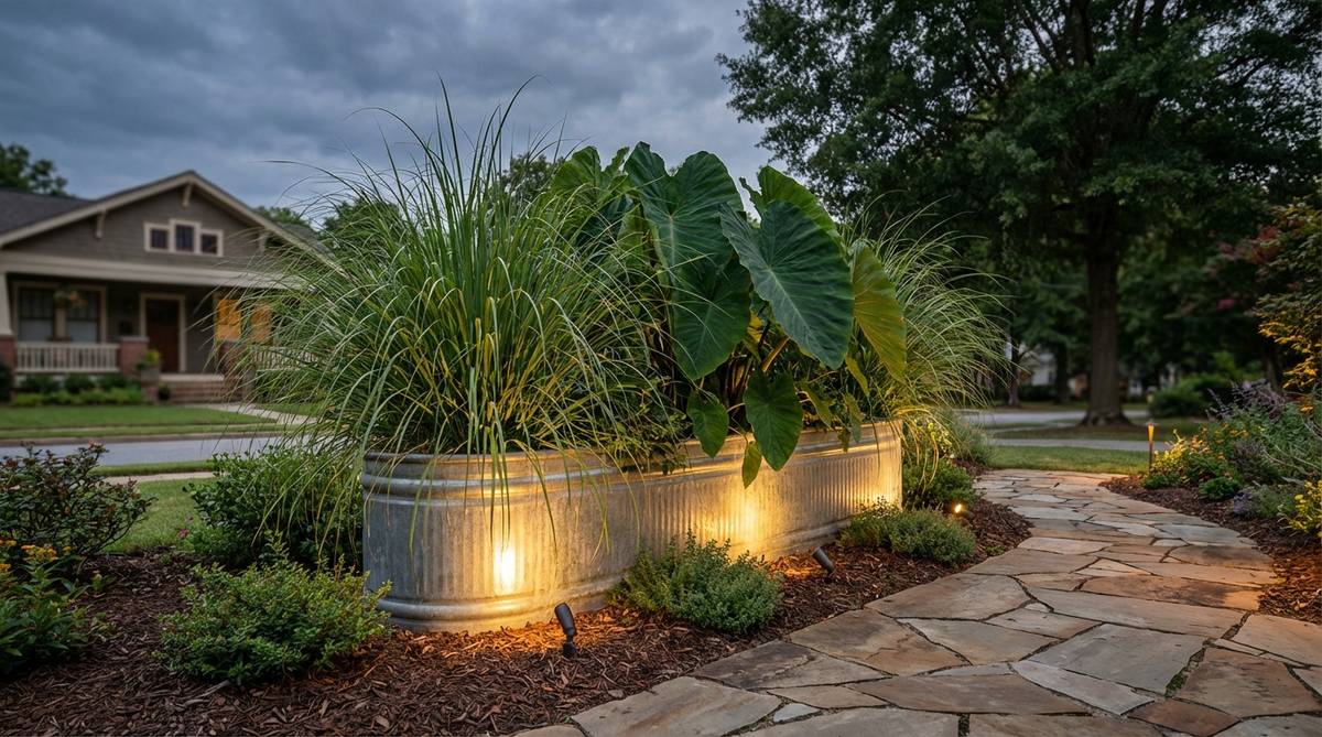 A large galvanized tub positioned at the end of a garden pathway, planted with bold ornamental grasses and elephant ears, creating a dramatic focal point with uplighting for evening impact.