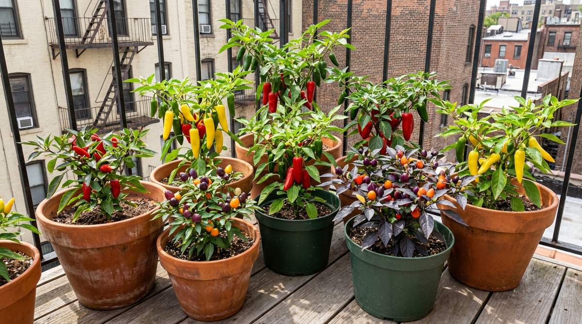 A vibrant collection of compact pepper varieties including jalapeño, banana, and ornamental hot peppers growing in 3-gallon containers on a NYC balcony. The image showcases mixed colors and heat levels, with some varieties featuring purple foliage and colorful fruits like Black Pearl and Medusa peppers, demonstrating how these edible landscape plants thrive with 6-8 hours of direct sun and consistent moisture.