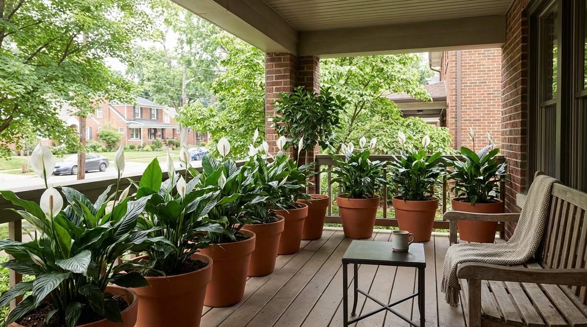 A beautiful balcony garden featuring multiple peace lilies in matching containers, thriving in low-light conditions with their distinctive white spathes visible. The plants are arranged in a cohesive design that creates visual impact through repetition, demonstrating how these air-purifying plants can enhance balcony decor even in shaded areas.