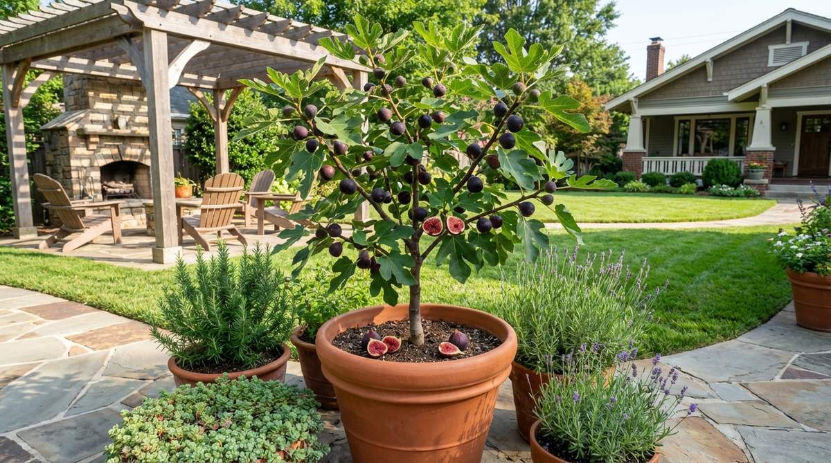A compact dwarf fig tree with dark purple fruits and strawberry-red flesh, growing 4-6 feet tall in a container or garden setting with full sun exposure.