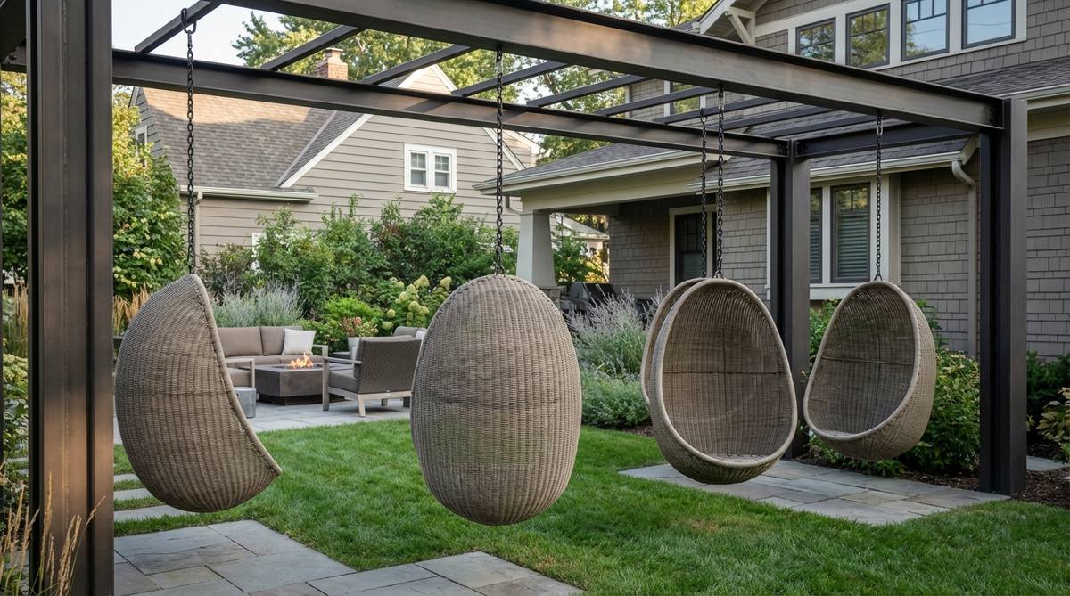 A cluster of 3-4 egg-shaped or pod hanging chairs suspended from a pergola or steel frame structure, spaced 5-6 feet apart to prevent collisions. The partially enclosed design creates private nooks for reading or meditation while maintaining visual connection to the group. Installed at varying heights to accommodate different users, these sculptural forms add striking visual interest to outdoor patio decor.