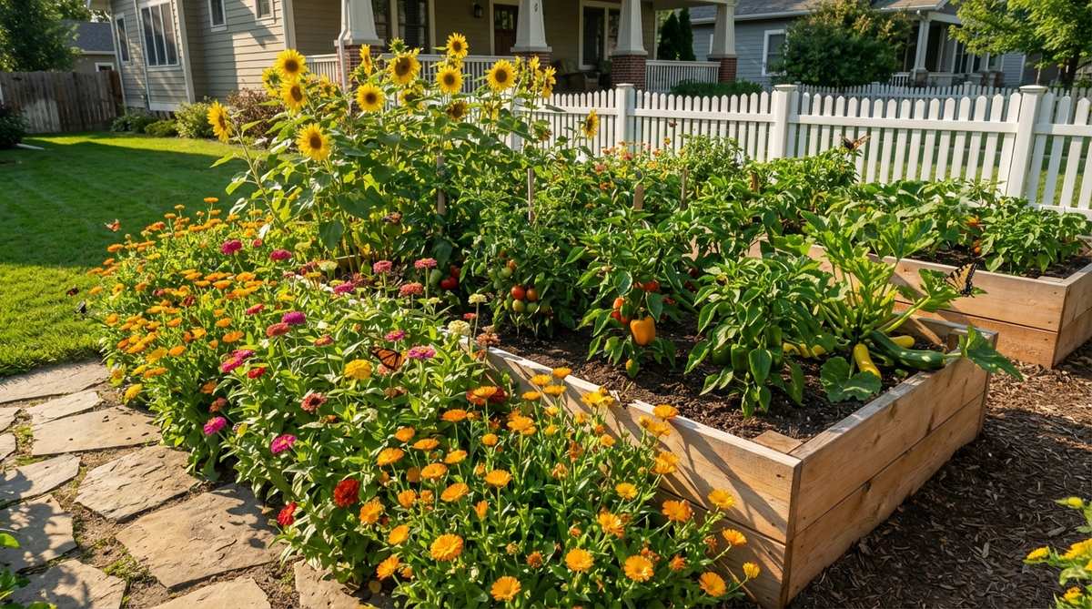 A vibrant raised garden bed framed with a continuous border of flowering herbs and annuals including calendula, zinnias, and sunflowers. Bees and butterflies are actively pollinating nearby vegetables like tomatoes, peppers, and squash, demonstrating how edge planting supports beneficial insects throughout the growing season.