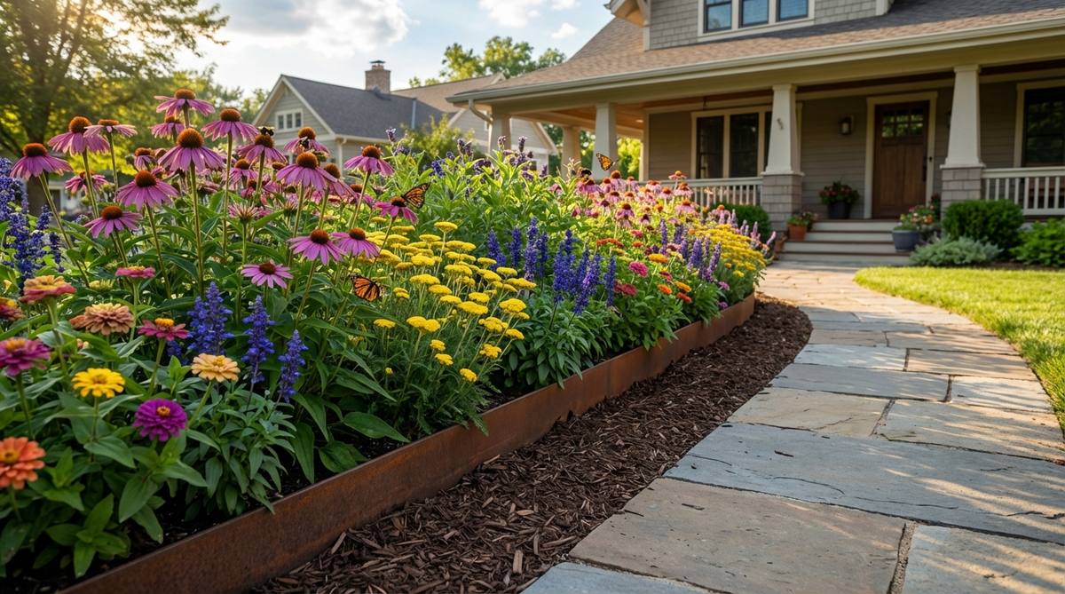 A slim raised flower bed running alongside a front walkway, featuring native pollinator-friendly plants like coneflowers, yarrow, salvia, and zinnias with tidy metal or stone edging. Bees and butterflies are visible around the vibrant flowers, with a neat mulch band protecting the walkway.