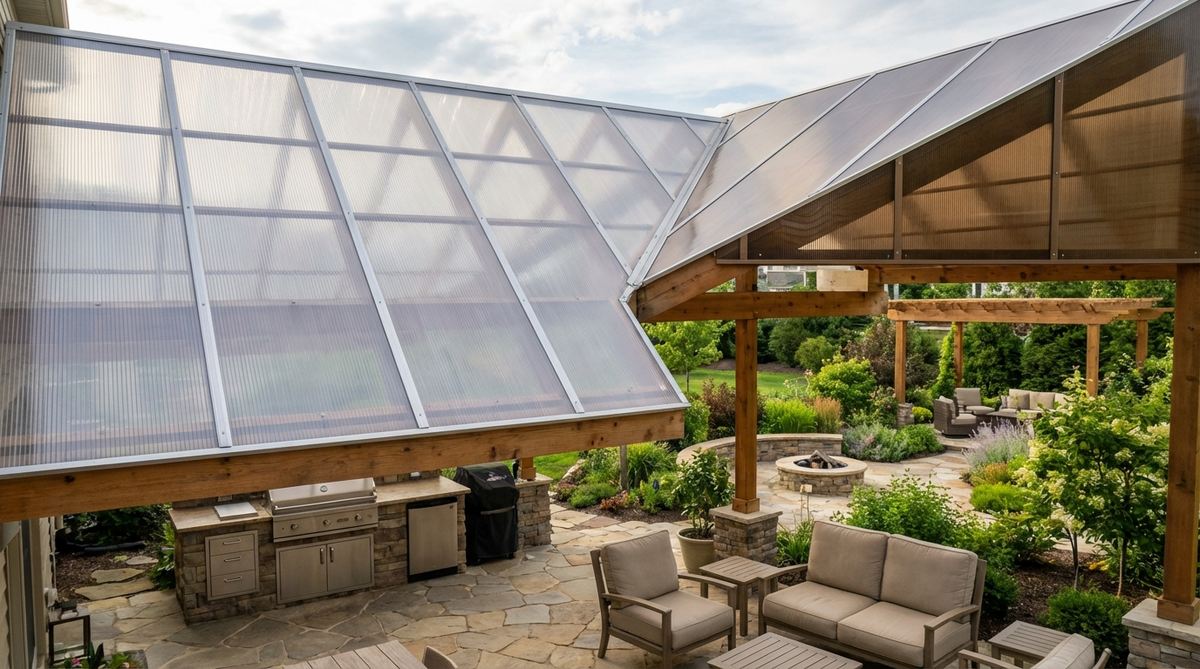 Translucent polycarbonate panel solid covers for terrace gardens, filtering UV rays while allowing natural light diffusion. Multi-wall construction provides insulation and impact resistance for year-round use. Clear panels maintain open sky views while blocking harmful radiation, with bronze tint options available to reduce glare in south-facing installations.