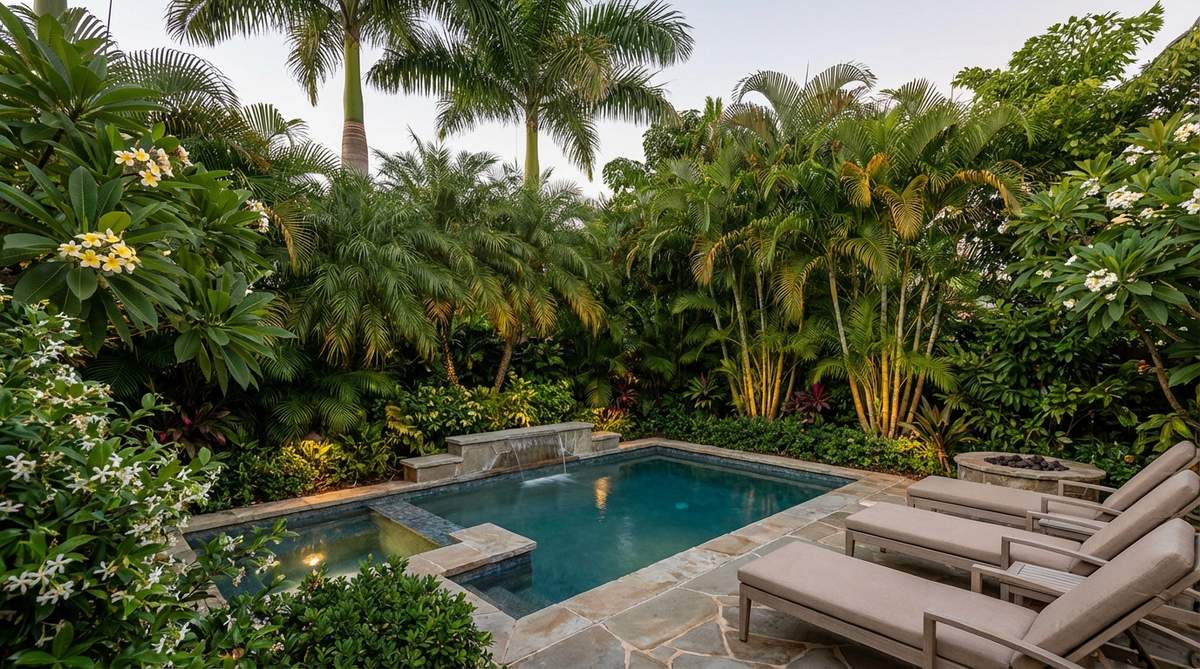 A small plunge pool or spa surrounded by dense tropical greenery including tall palms, areca palms, and golden cane palms, creating a private resort-style retreat. The lush plantings provide privacy screening while establishing an immersive tropical environment. Night-blooming jasmine or plumeria plants add evening fragrance to enhance the sensory experience.
