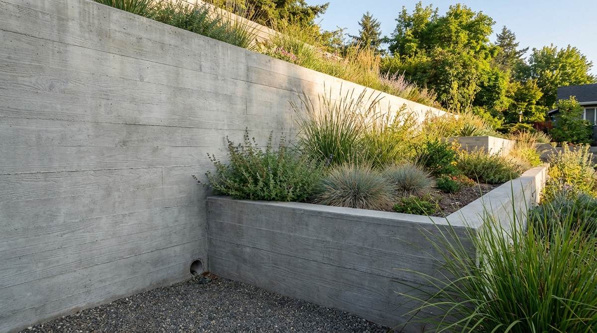 A poured concrete retaining wall in a modern garden design, showcasing smooth monolithic surfaces that create dramatic backdrops for plantings while addressing grade changes. The wall demonstrates proper engineering with adequate footing and drainage, finished with a board-formed texture and sealed to prevent staining.