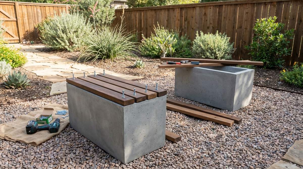 Illustration showing how to modify a precast concrete base for a modern garden bench, including attaching wood slats with masonry anchors and positioning on level ground or gravel pads.