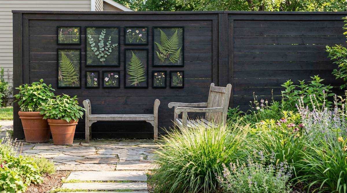 Delicate pressed ferns, eucalyptus, or wildflowers preserved under glass in black frames, creating elegant gallery pieces for black boho decor. The dark framing emphasizes intricate natural details, perfect for grid arrangements or organic wall displays.