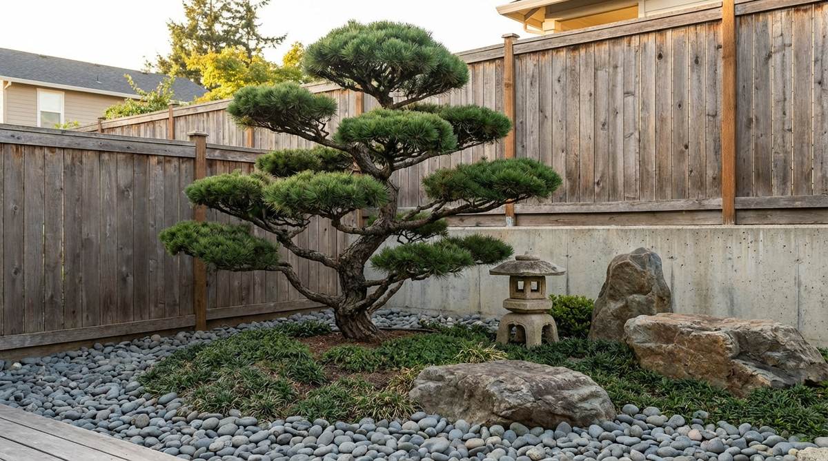 A Japanese black pine tree sculpted into cloud-pruned forms, showcasing minimalist garden design with year-round sculptural interest and depth in limited space.