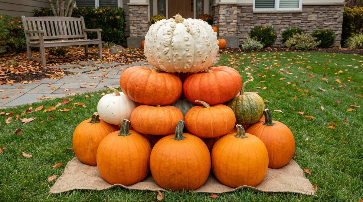 A pyramid-shaped arrangement of pumpkins for outdoor fall decor, featuring a wide base of 5-6 medium pumpkins in a circle, a second layer of 3-4 pumpkins, and a single statement piece on top. This stable geometric display creates impressive height and visual weight, designed to withstand weather and provide 350-degree visibility from yard corners or driveway edges.