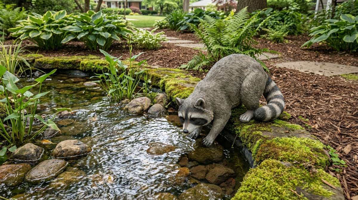 A raccoon garden decor figure depicted near water with paws submerged, referencing the species' distinctive food-washing behavior. Features masked facial markings and a ringed tail, placed beside water features or rain garden edges for contextual appropriateness. The hunched posture and focused attention create an engaging small-scale focal point in garden settings.