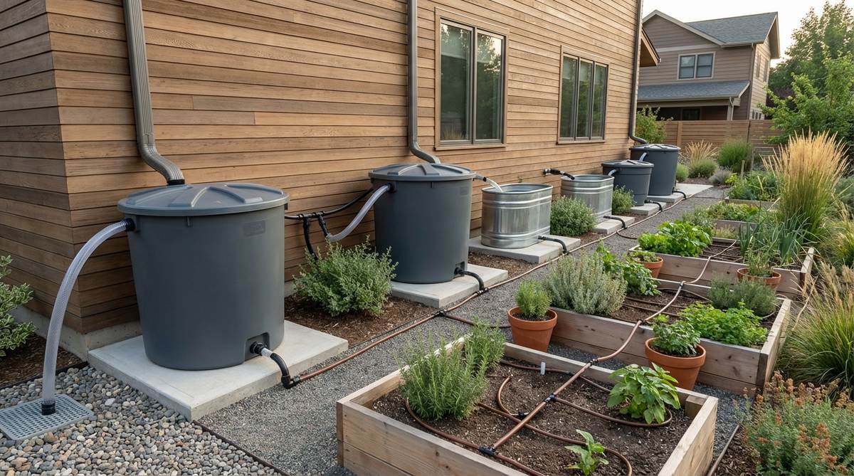 An image showing above-ground rain catchment cisterns installed in a contemporary garden setting, positioned on concrete pads near downspouts to harvest roof runoff. The cisterns, ranging from 50 to 500 gallons, are connected to drip irrigation systems for efficient watering of container gardens, with overflow pipes visible to manage excess water during storms.