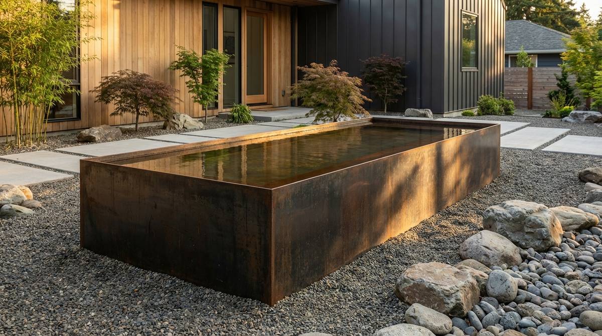 A modern raised steel water basin in a Japanese garden, featuring weathering steel panels that develop a rich patina over time. The industrial aesthetic reflects changing light conditions throughout the day, positioned at viewing height with thin walls that maximize water volume in compact spaces. Ideal for contemporary homes with metal cladding or minimalist landscaping.