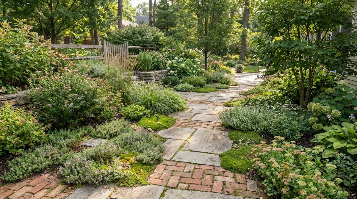 A curved garden pathway made of weathered stone or brick, winding through layered plantings with low-growing plants softening the edges and creeping thyme between pavers, enhancing the aged cottage aesthetic.
