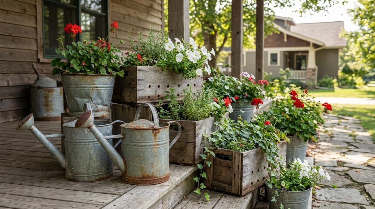 Vintage watering cans, galvanized buckets, and wooden crates repurposed as planters with drainage holes, perfect for cottage or farmhouse porch styles with an aged patina.