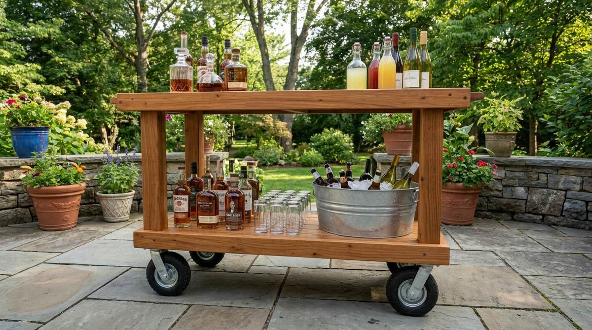 A multi-tier rolling bar cart station stocked with spirits, mixers, glassware, and a galvanized tub of ice for beer and wine, designed for self-serve beverage access in outdoor party decor, with wheels for flexible repositioning during events.
