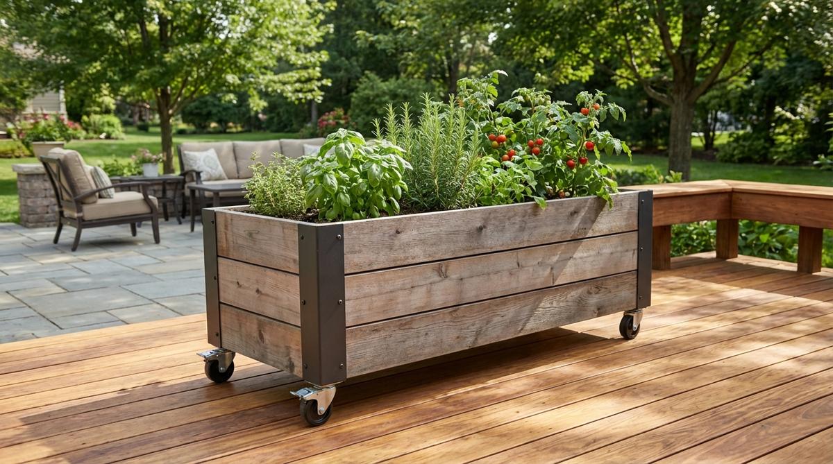 A contemporary mobile planter bed with locking caster wheels on a deck, showcasing easy repositioning for optimal sun exposure and portable gardening solutions.
