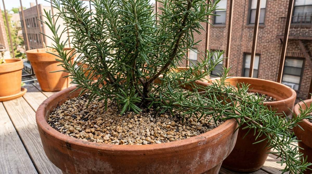 A close-up photo of a rosemary plant growing in a terracotta pot on an urban balcony, showing its needle-like leaves and woody stems. The plant is thriving in a gritty, fast-draining soil mix, with some upright varieties providing height while prostrate types cascade from the planter. The image captures how rosemary withstands wind and drought conditions typical of balcony environments while producing aromatic oils in bright locations.