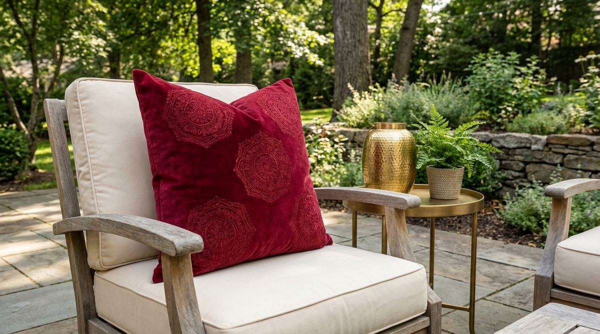 A deep ruby red boho decor pillow with tonal embroidery, featuring medallion patterns that add drama and richness to outdoor bohemian spaces. This jewel-toned pillow enhances luxury and maintains an artisan aesthetic, perfect for pairing with gold or brass accents to highlight its vibrant color in shaded seating areas.