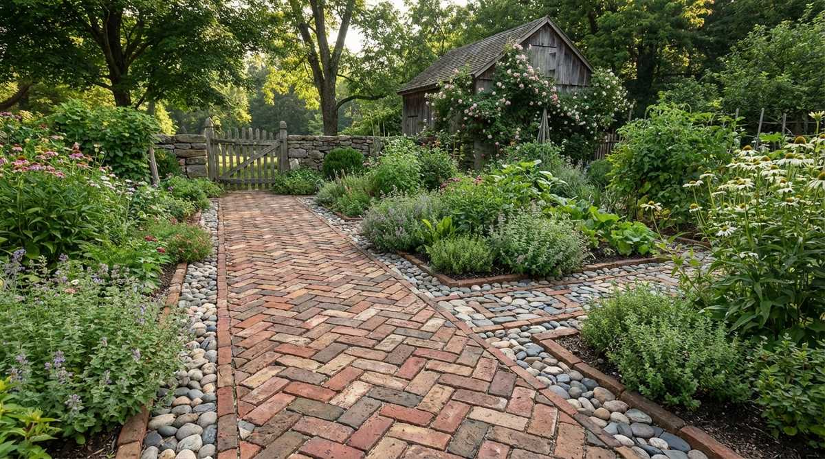 A rustic garden mosaic pathway featuring reclaimed bricks arranged in herringbone or basket weave patterns, combined with pebble or slate infills. This farmhouse-style design offers textural variety and historical character, ideal for cottage or kitchen gardens, with earth-tone palettes that age gracefully and accommodate ground movement.